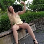 Flashing pussy to strangers outdoor. Upskirt in public.