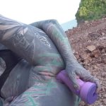 Tattooed babe gets bold in public anal play and wet release