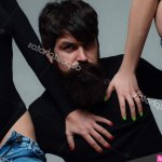 Threesome concept. Three people having group sex together. One man and two sexy women. Polygamy or bigamy. Swinger orgy or trio having sex. Bisexual lady. Prostitution or fantasy. Stock Photo